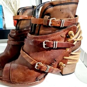 Freebird by Steven Brown Leather Buckle-Strap Heeled Ankle Boots